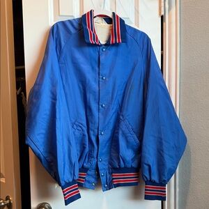 Vibrant Blue Bomber Jacket with Red Stripes